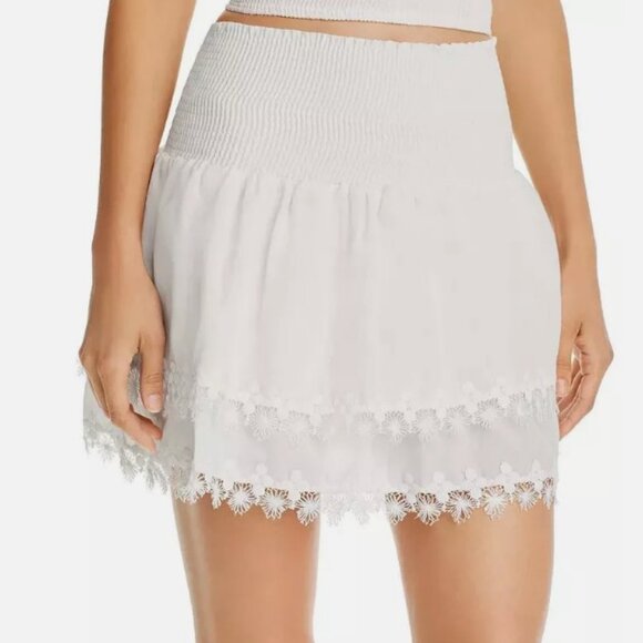 $98 Peixoto White Belle Smocked Mini Skirt Lace trim Tiered Swim Cover Up XL - Picture 1 of 1